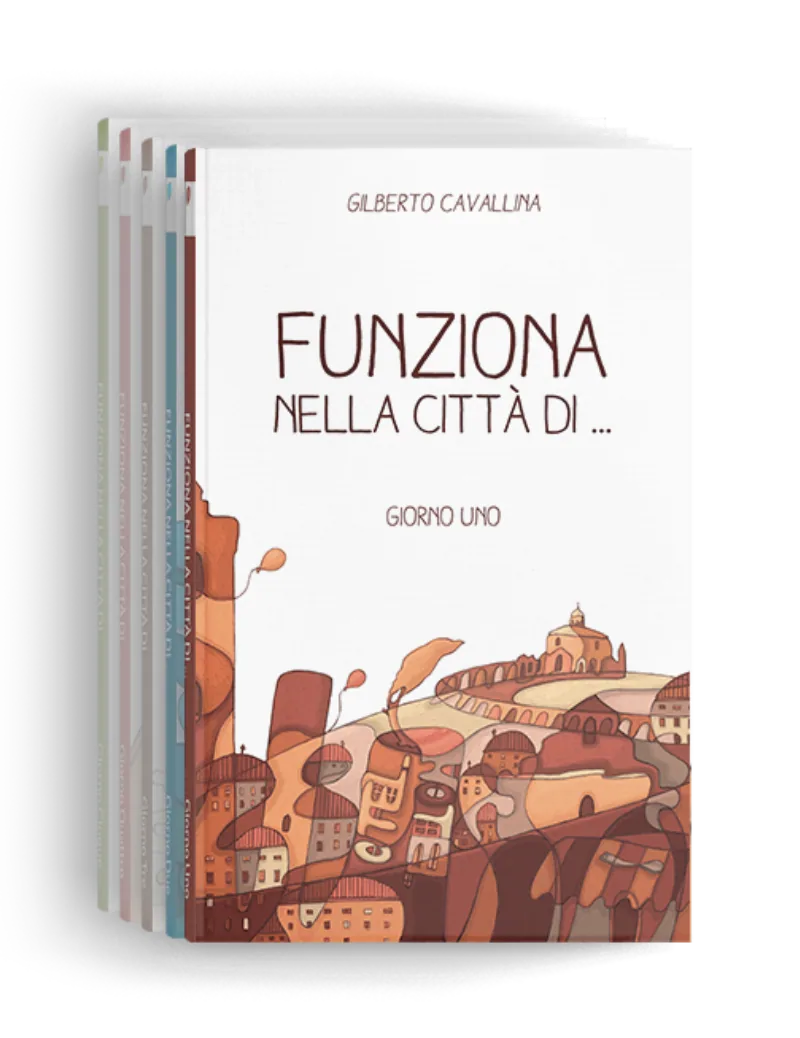 I cinque volumi di Funziona nella città di Trepunti disposti uno dietro l’altro